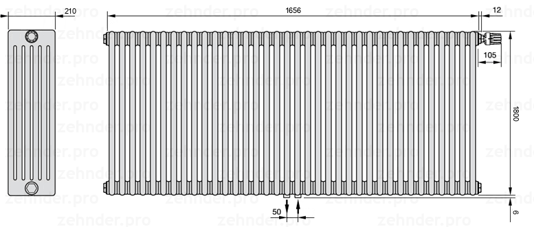 Схема (чертеж) Радиатор Zehnder Charleston 6180/36 №V008 Белый глянцевый RAL 9016